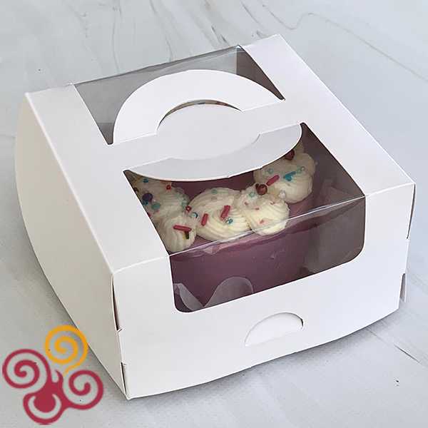 Коробка для мини-торта с окном и ручками белая 140*140*80 мм